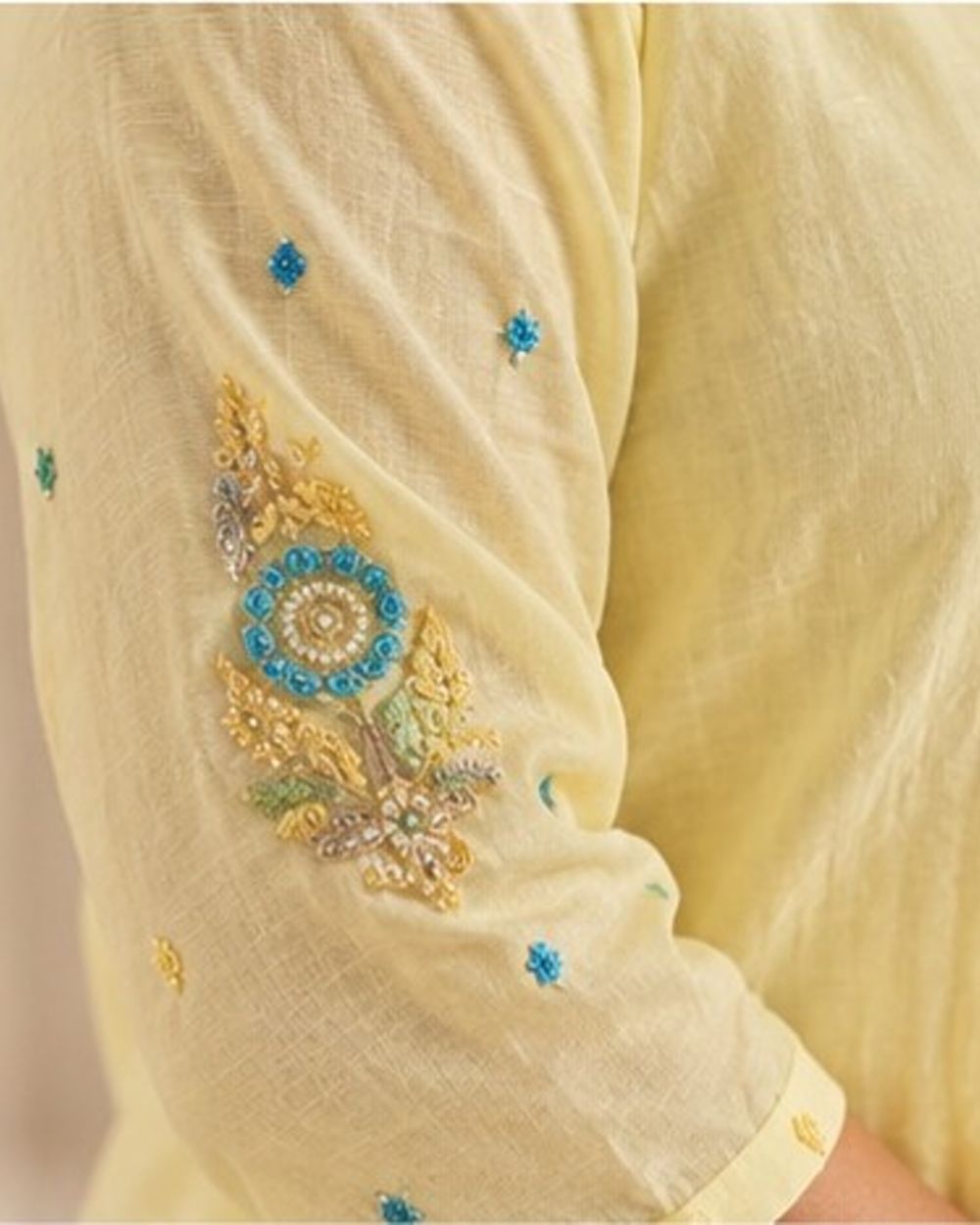 Soft Pastel Lemon Yellow Hand Embellishment with Multicoloured Threadwork AYLN0012