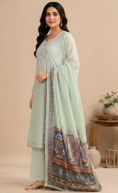 Pastel Mint Green Heavy embroidery worked yoke 3 pic set AYLIN0028