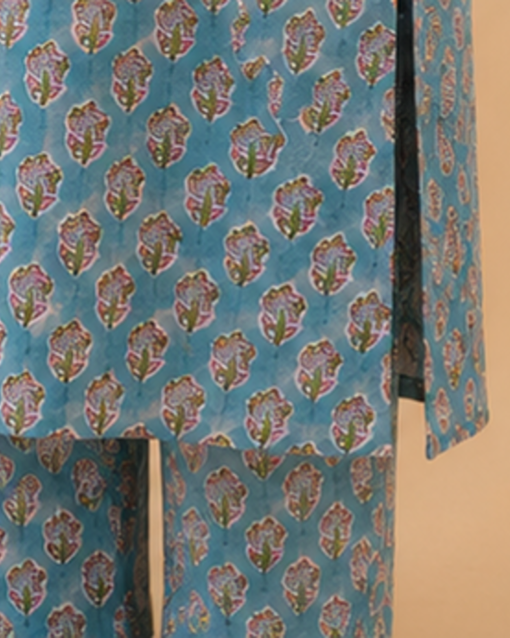 Blue printed yock embridered cotton cordset AYLN002