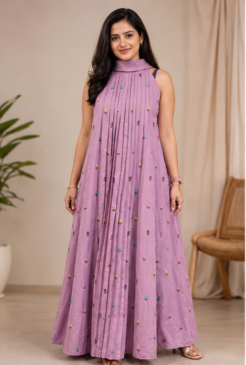 Floral Embroidery Pleated Dress