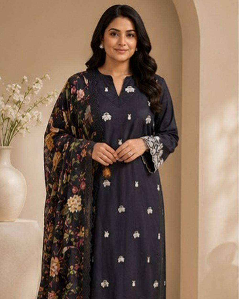 Charcoal Black with Ivory Embroidery Set AYLIN0038