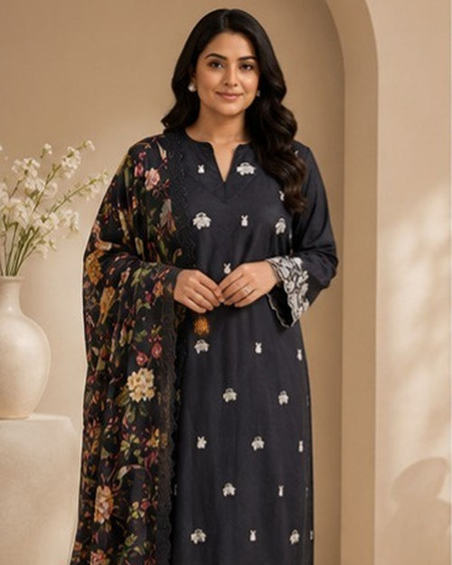 Charcoal Black With Ivory Embroidery Set