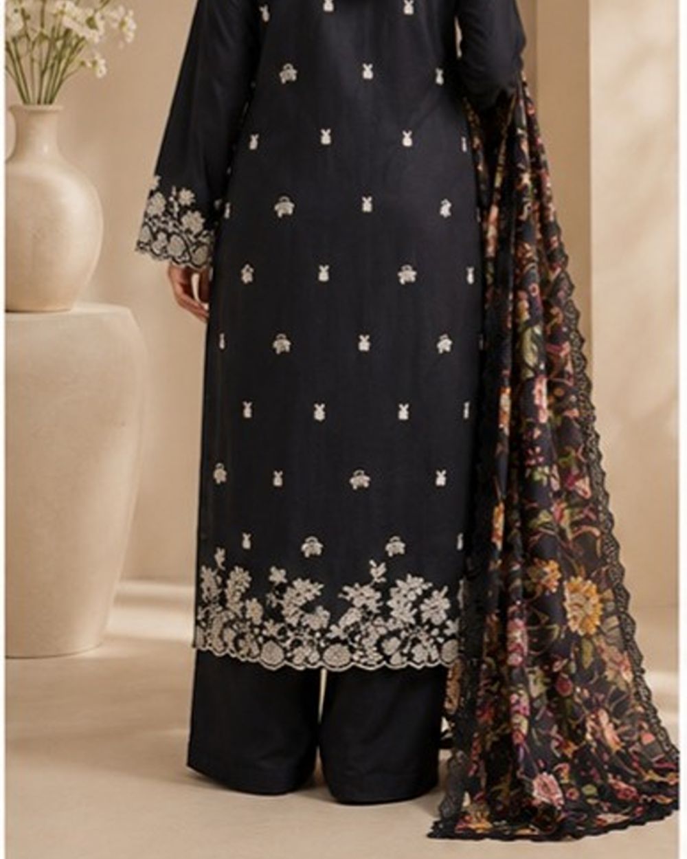 Charcoal Black with Ivory Embroidery Set AYLIN0038