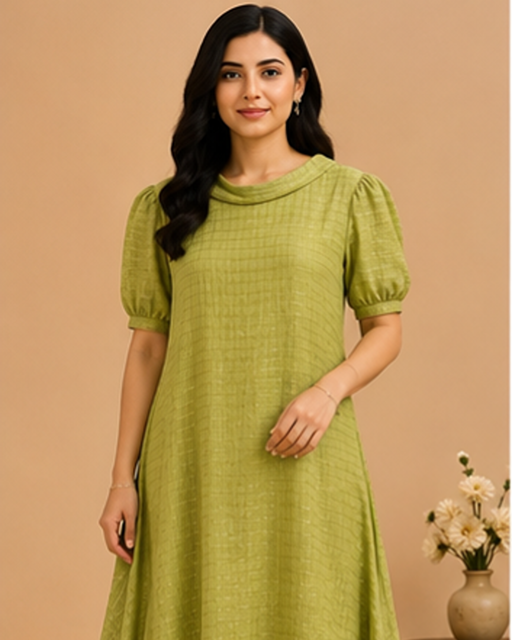 Sage green textured A-line elegant 2-side cowl dress AYLIN0040