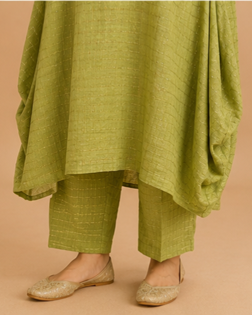 Sage green textured A-line elegant 2-side cowl dress AYLIN0040