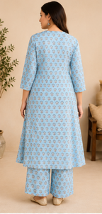 light blue, printed cotton A-line kurta (top) AYLIN0044