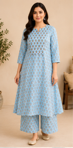 light blue, printed cotton A-line kurta (top) AYLIN0044