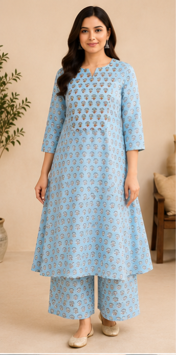 light blue, printed cotton A-line kurta (top) AYLIN0044