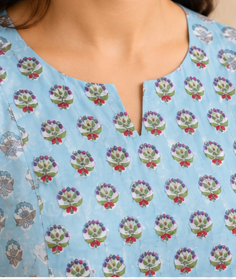 light blue, printed cotton A-line kurta (top) AYLIN0044