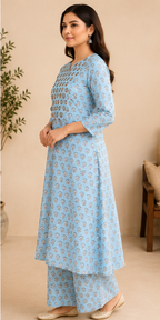 light blue, printed cotton A-line kurta (top) AYLIN0044