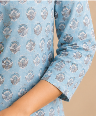 light blue, printed cotton A-line kurta (top) AYLIN0044