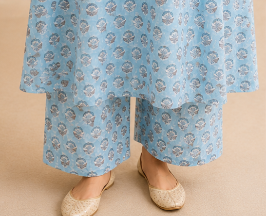 light blue, printed cotton A-line kurta (top) AYLIN0044