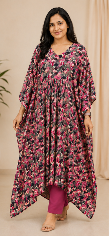 Elegant printed kaftan set featuring flowy sleeves, AYLIN0045