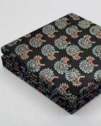 Deep Black Traditional Floral Handblock Print Modal Silk Fabric