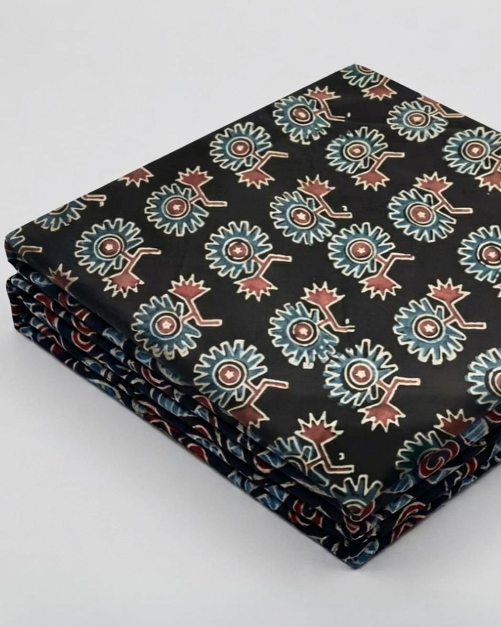 Deep Black Traditional Floral Handblock Print Modal Silk Fabric