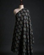 Deep Black Traditional Floral Handblock Print Modal Silk Fabric
