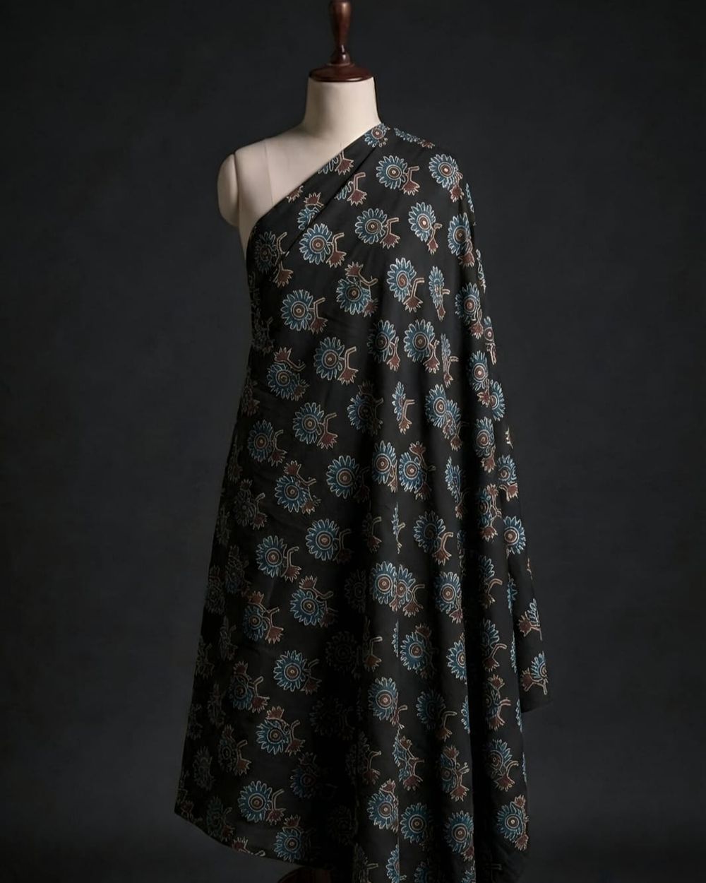 Deep Black Traditional Floral Handblock Print Modal Silk Fabric