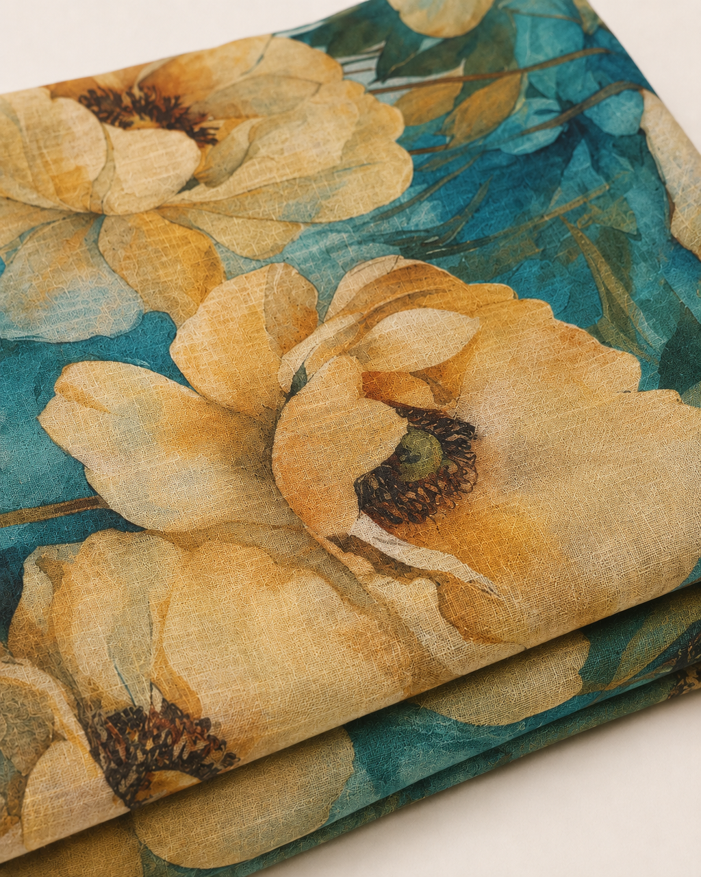 Teal Floral Linen Cotton Fabric