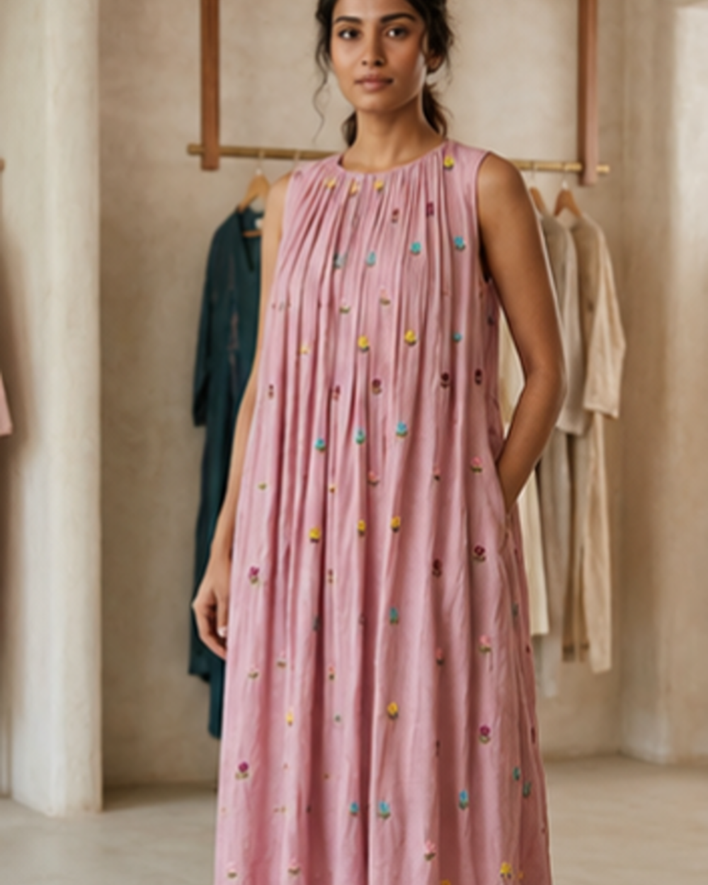 Blush Pink Sleeveless Pleated Kurta  AYLN008