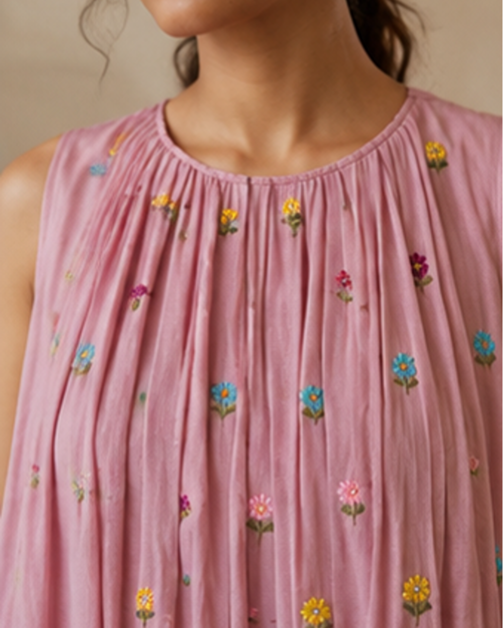 Blush Pink Sleeveless Pleated Kurta  AYLN008