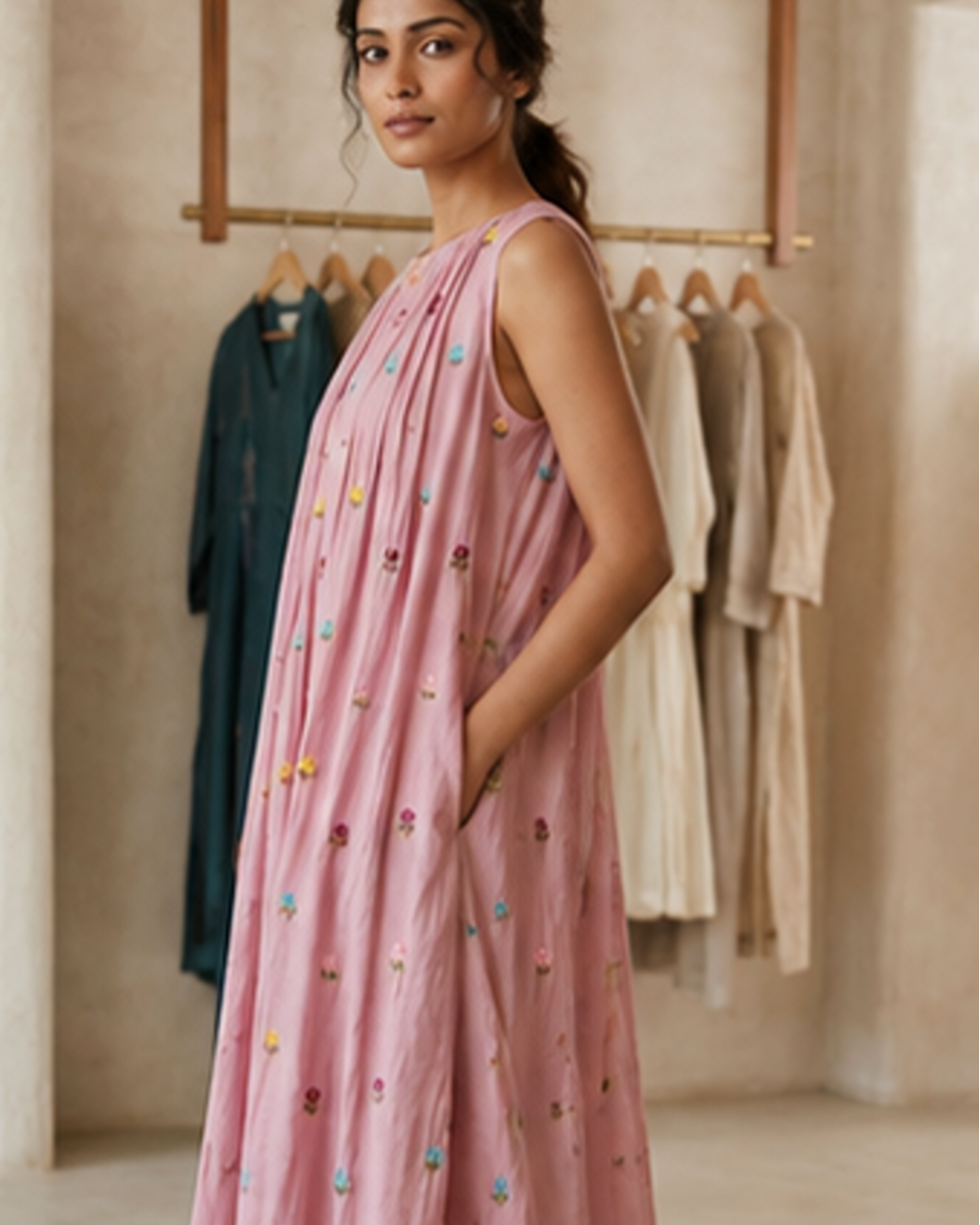 Blush Pink Sleeveless Pleated Kurta  AYLN008