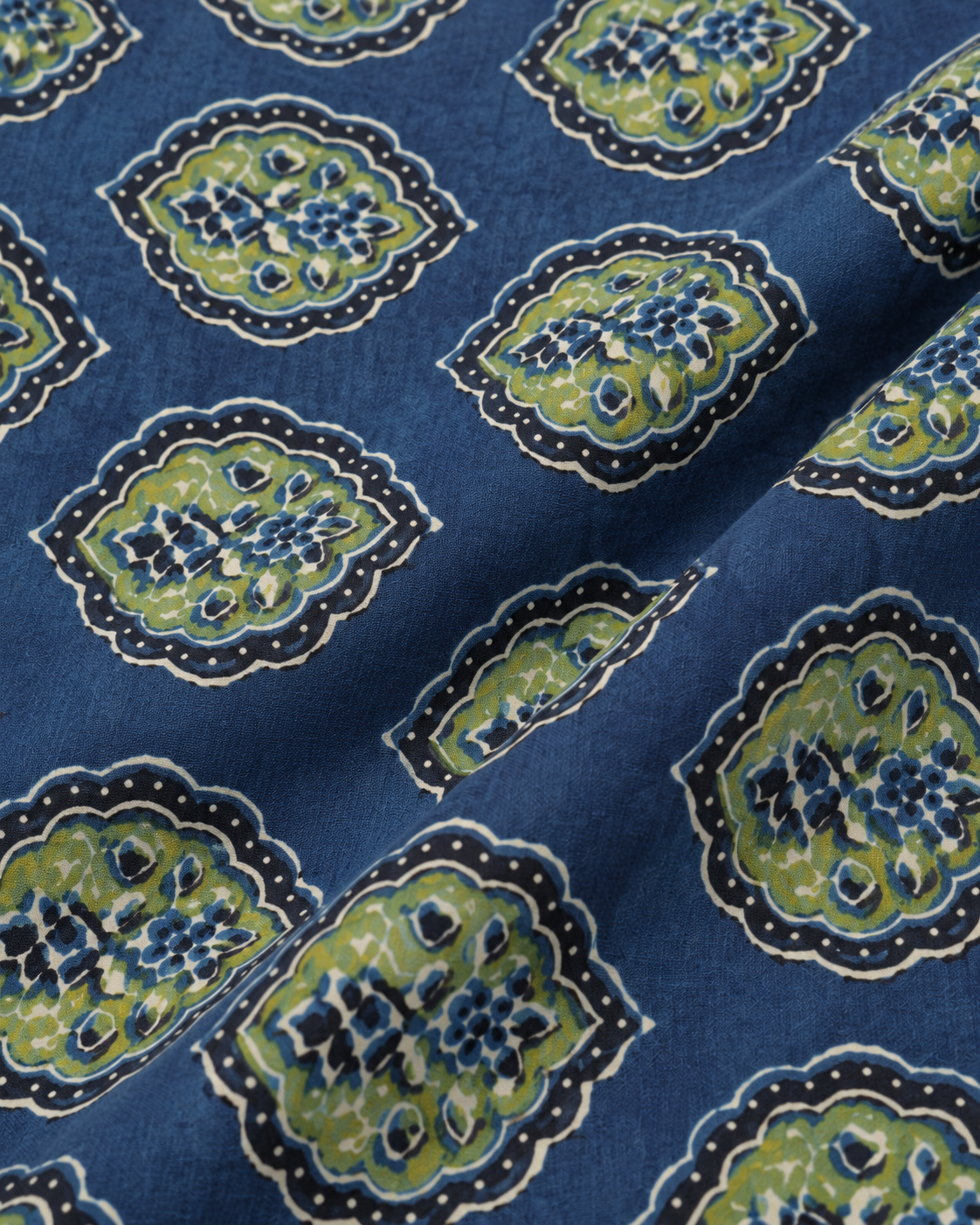 Indigo Blue & Olive Printed Fabric