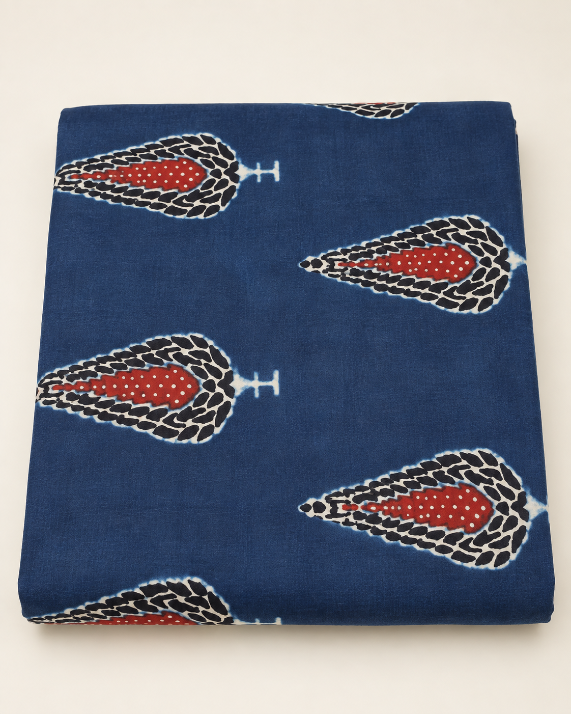Indigo Blue Printed Fabric with Red & Ivory Motifs