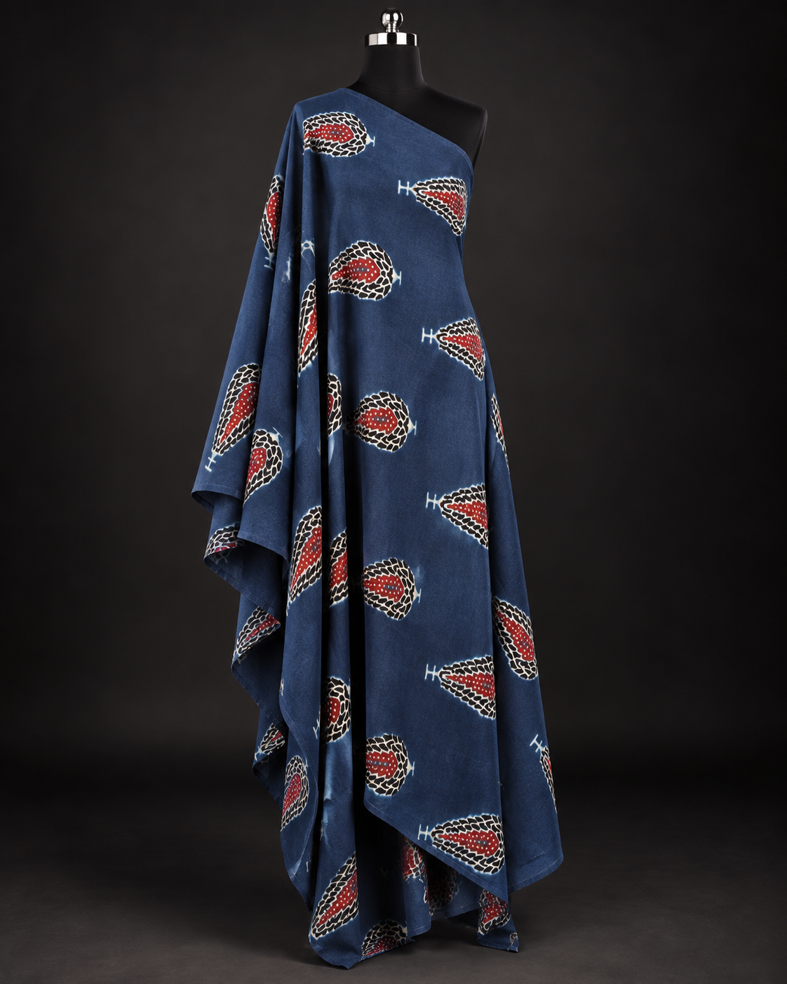 Indigo Blue Printed Fabric with Red & Ivory Motifs