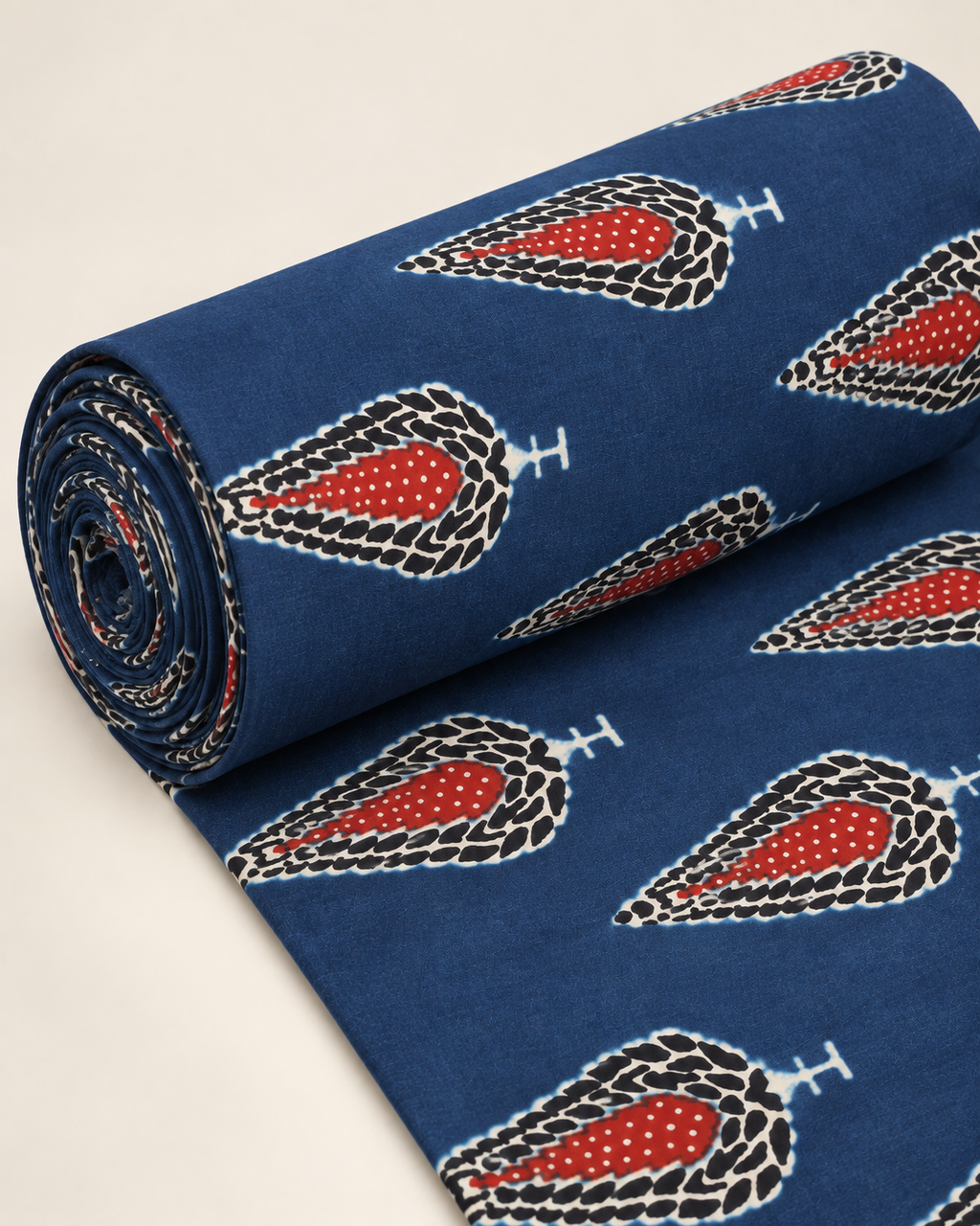 Indigo Blue Printed Fabric with Red & Ivory Motifs