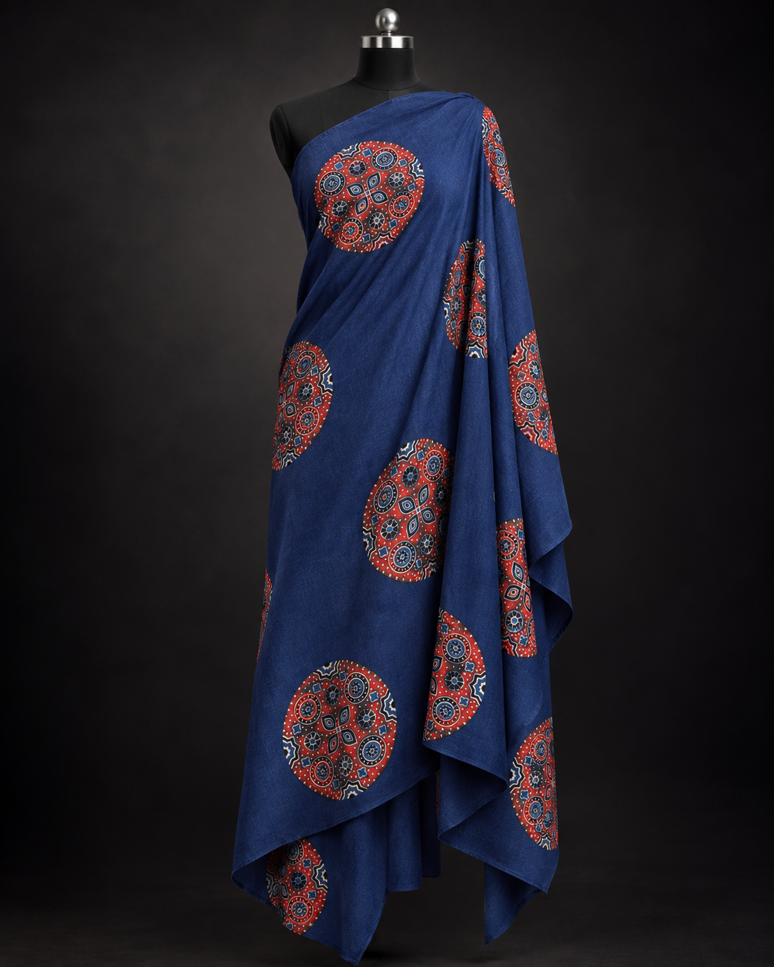Navy Blue Ajrak Fabric with Rust Medallion Print