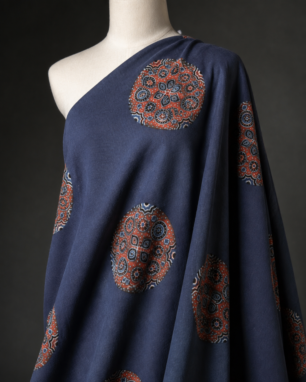 Navy Blue Ajrak Fabric with Rust Medallion Print