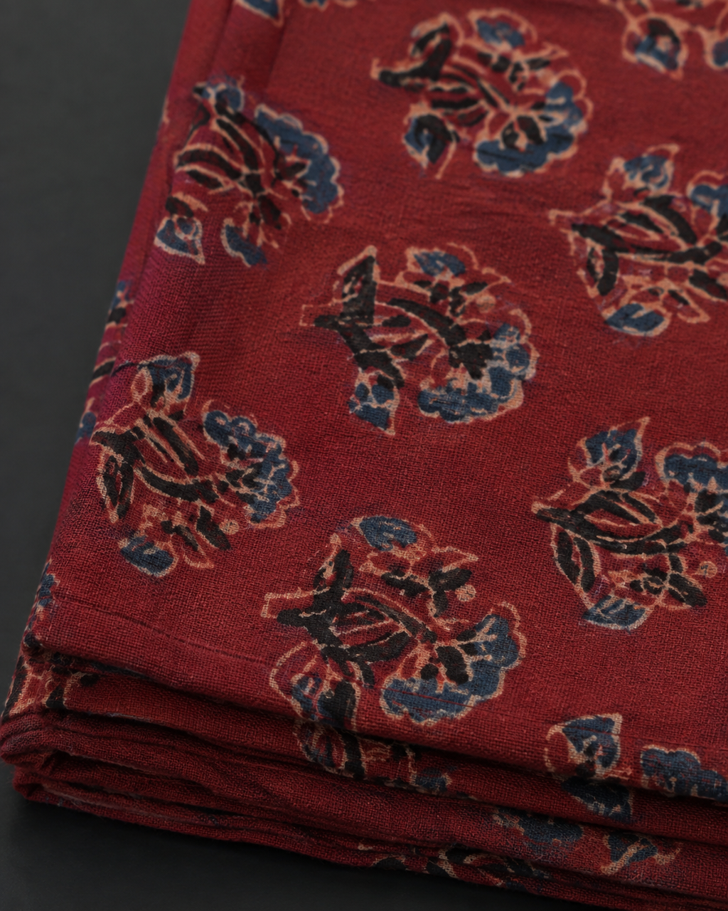 Brick Red Ajrak Print Fabric with Floral Motifs