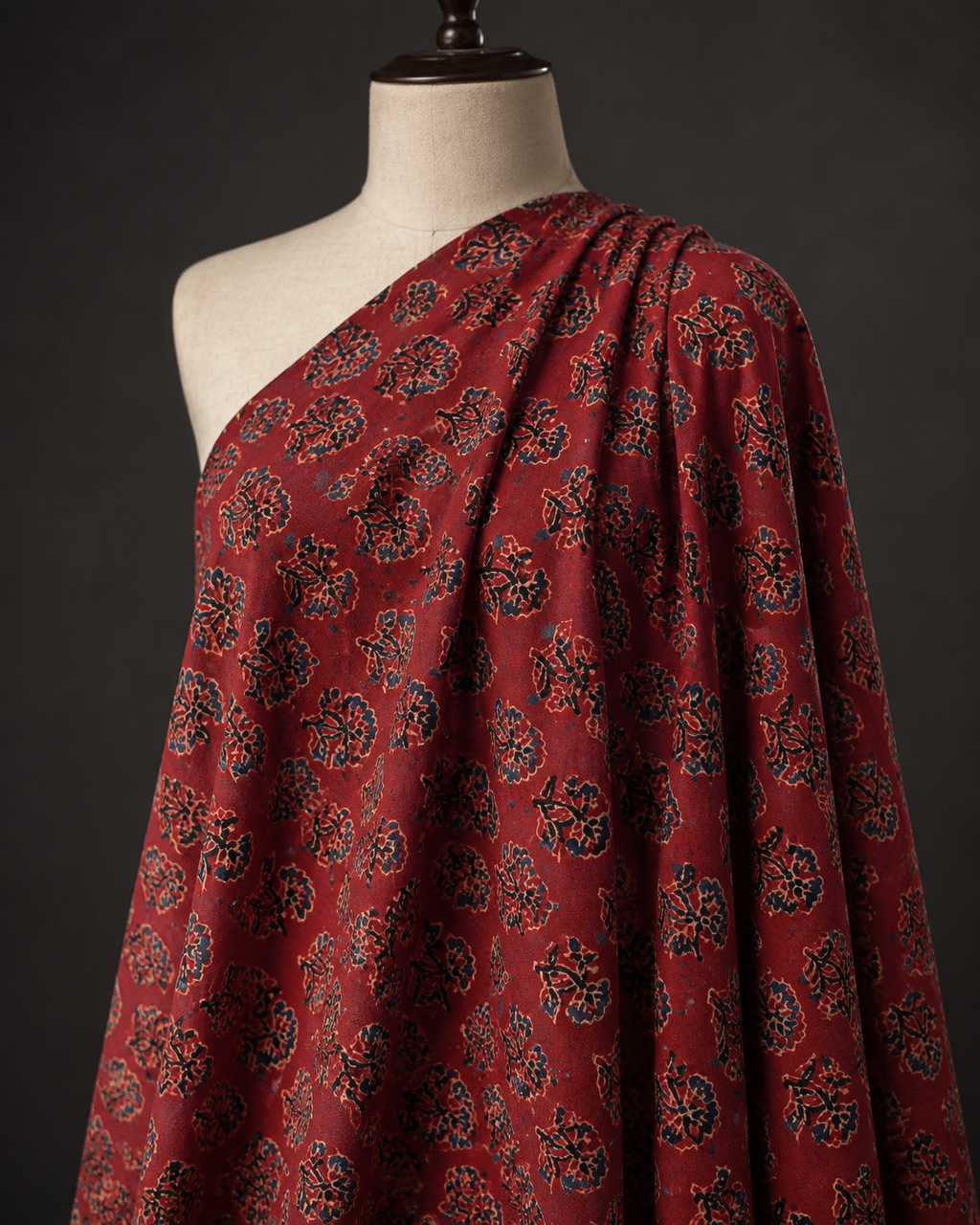 Brick Red Ajrak Print Fabric with Floral Motifs
