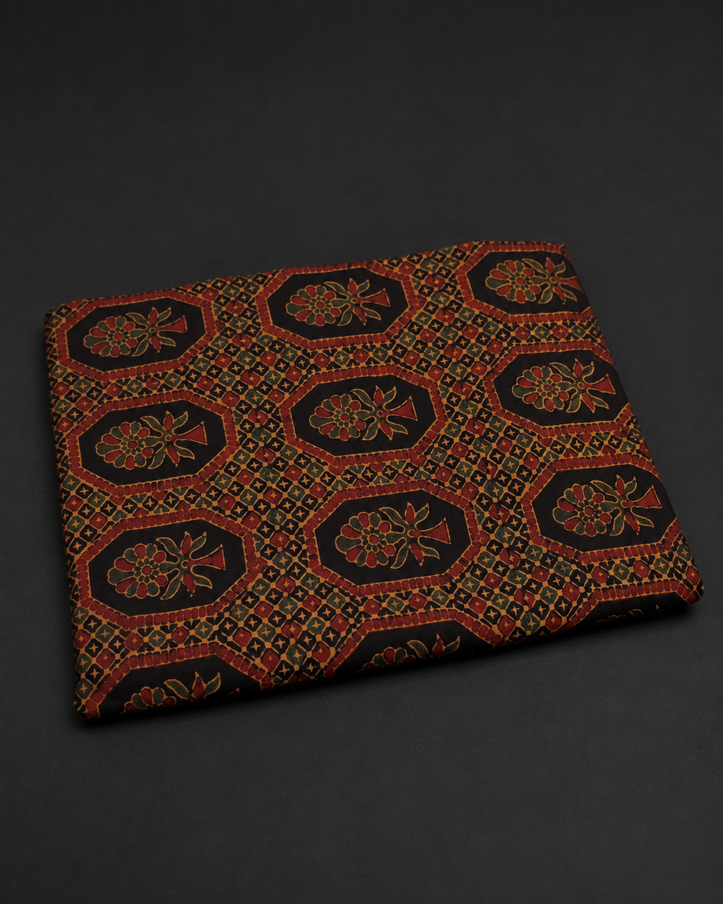 Black Fabric with Rust and Ochre Floral Medallions