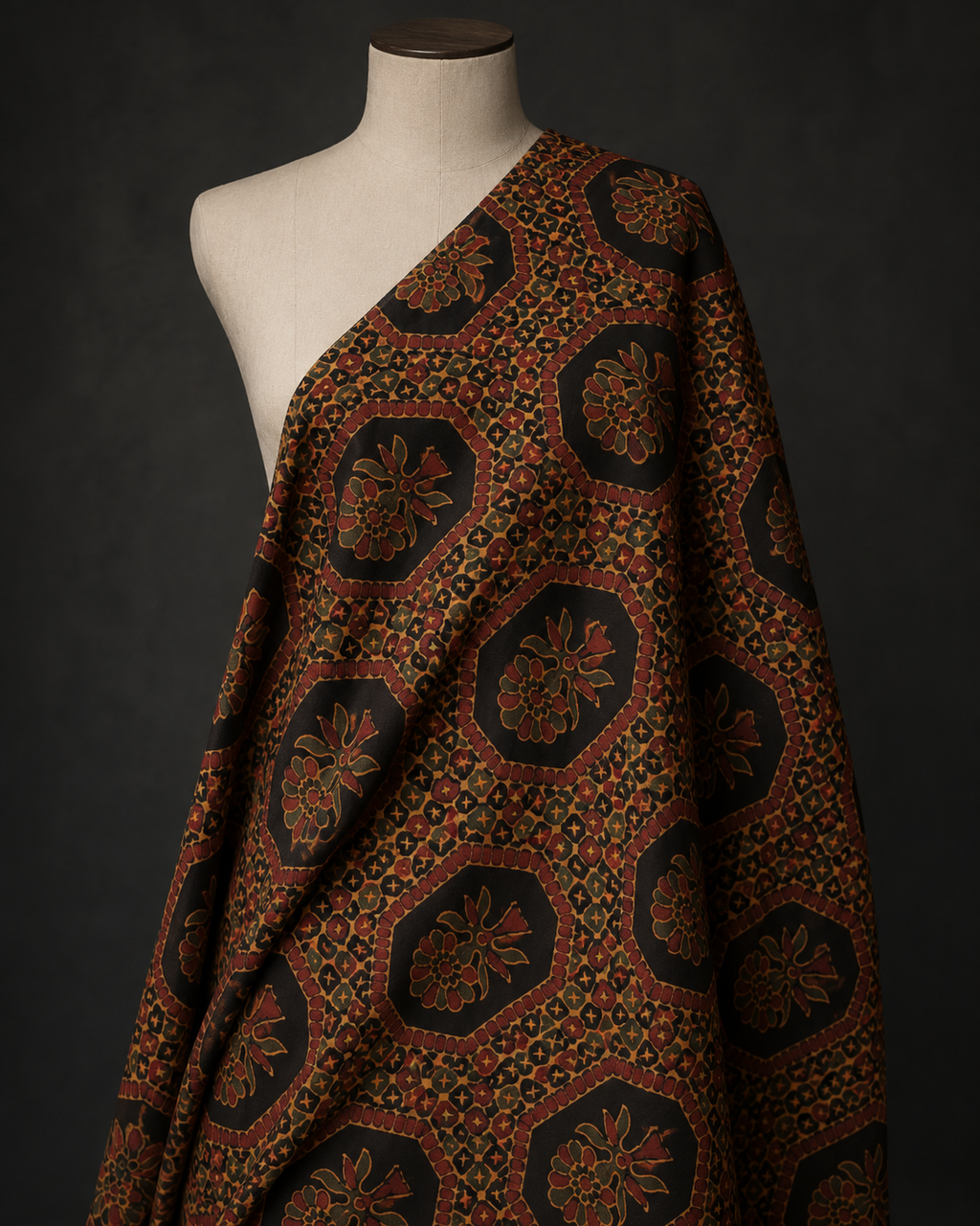 Black Fabric with Rust and Ochre Floral Medallions
