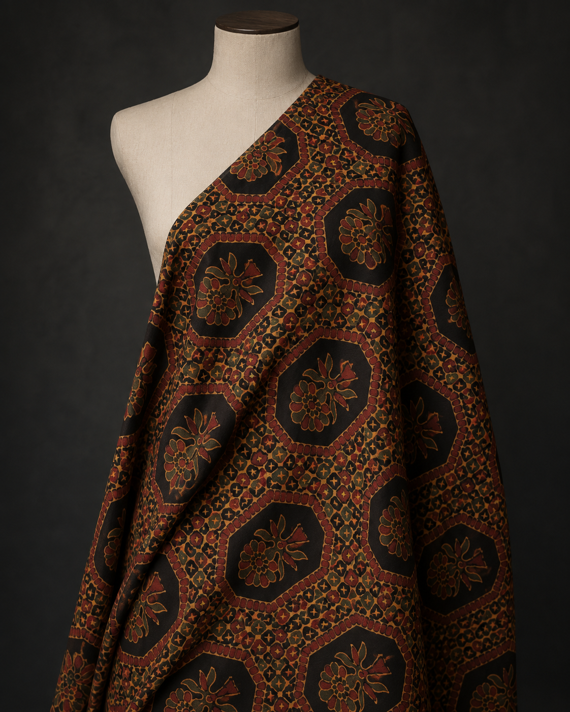 Black Fabric with Rust and Ochre Floral Medallions