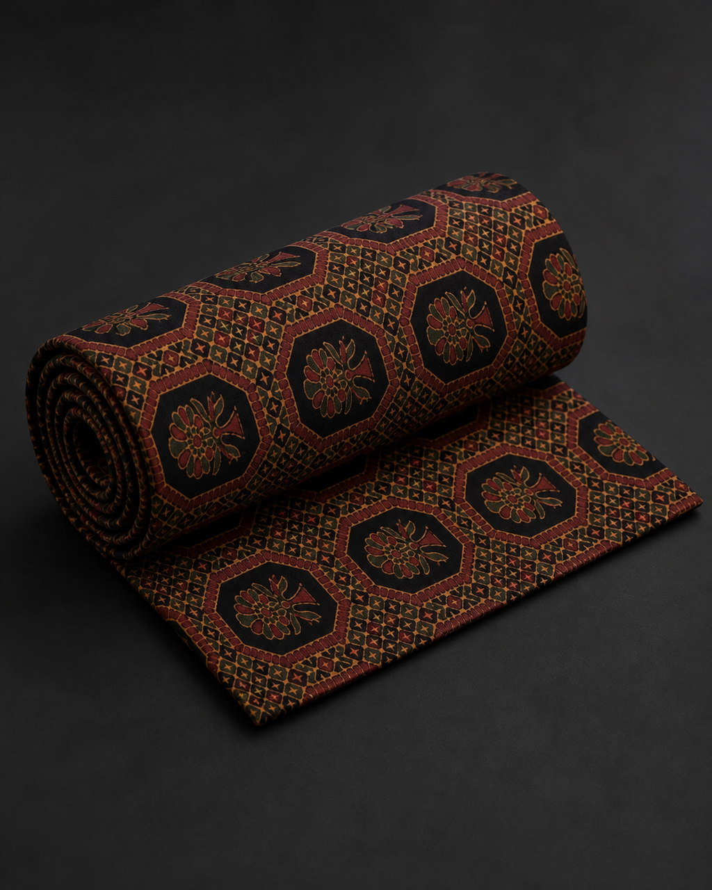 Black Fabric with Rust and Ochre Floral Medallions