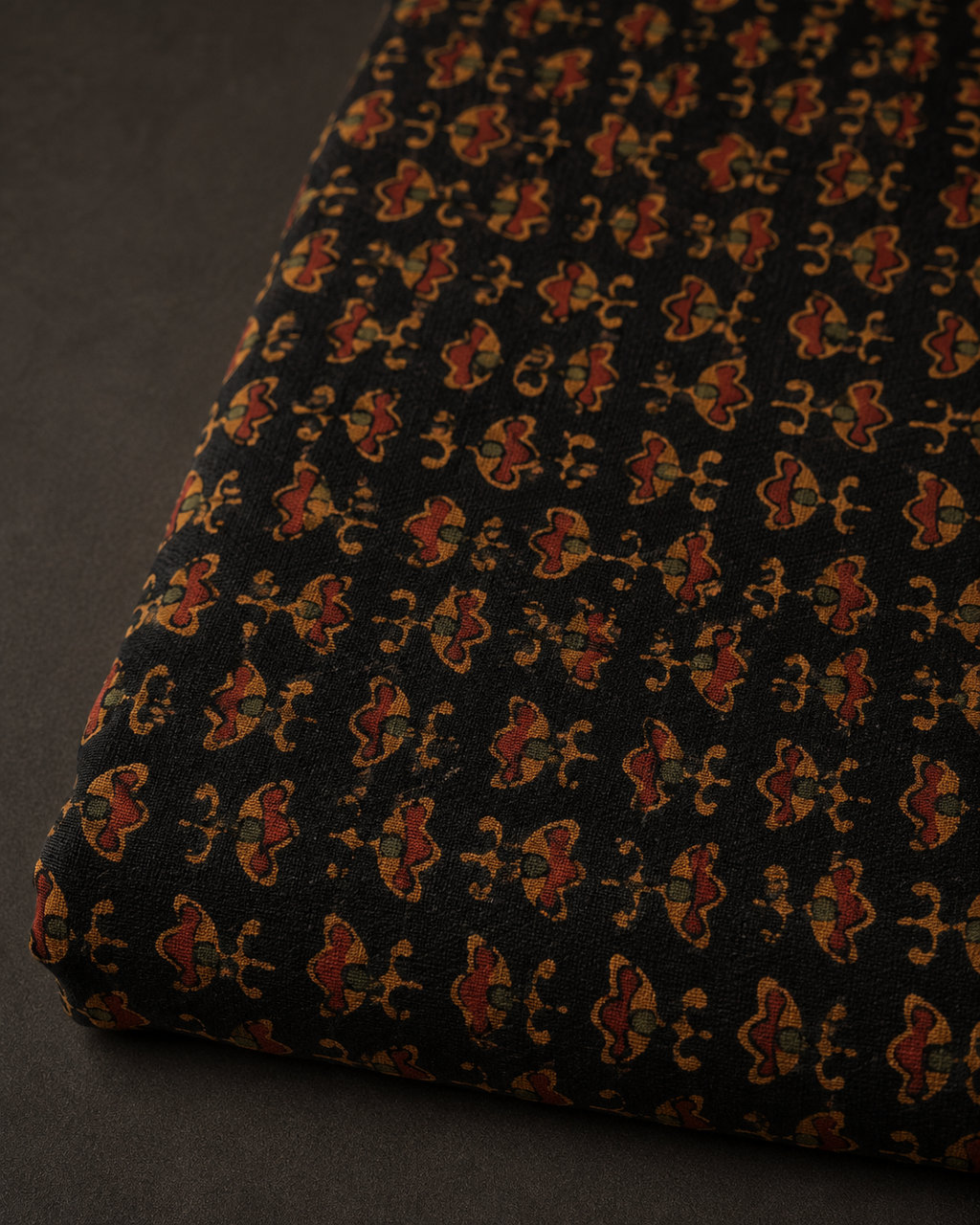 Black Fabric with Miniature Rust and Ochre Motifs