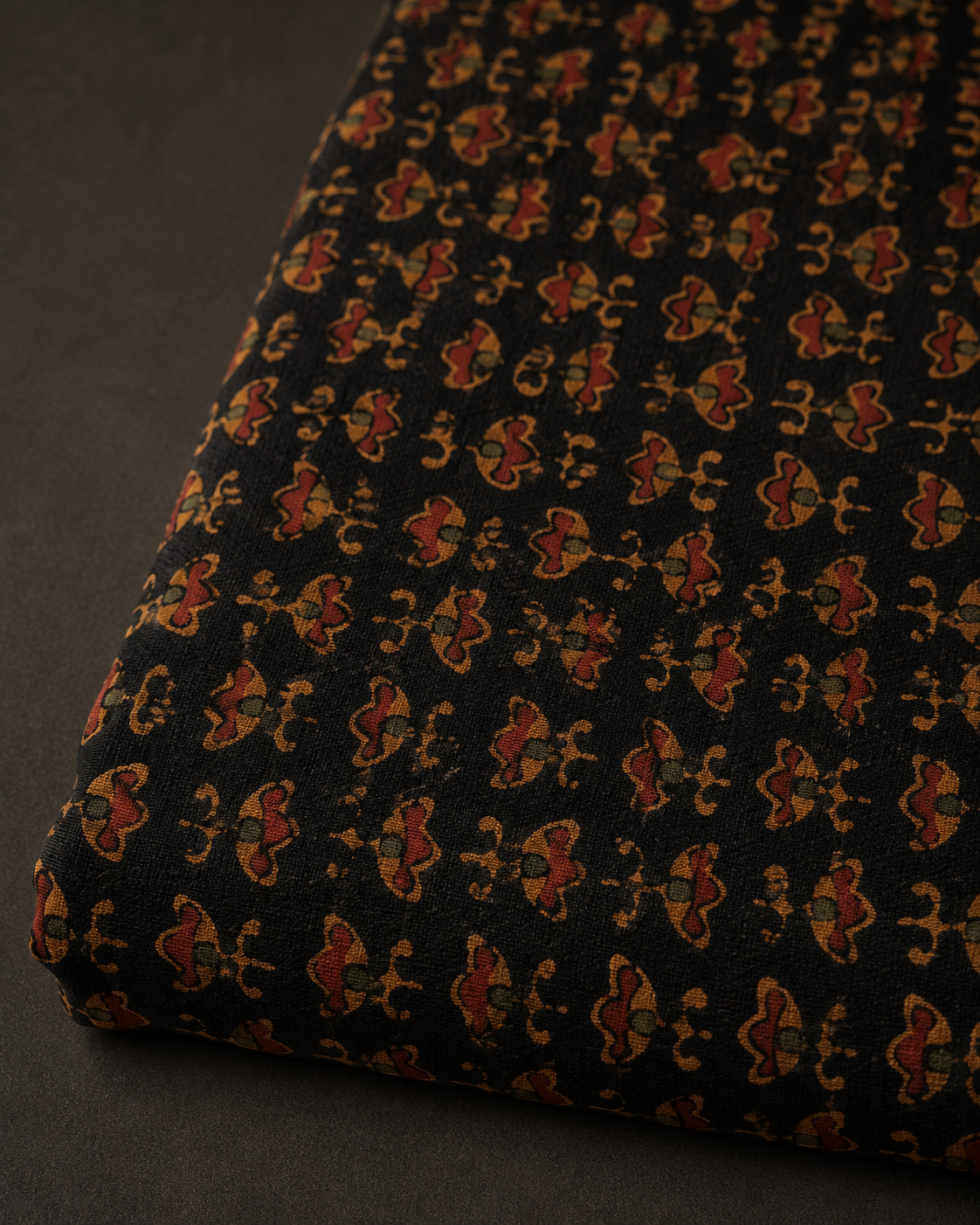 Black Fabric with Miniature Rust and Ochre Motifs