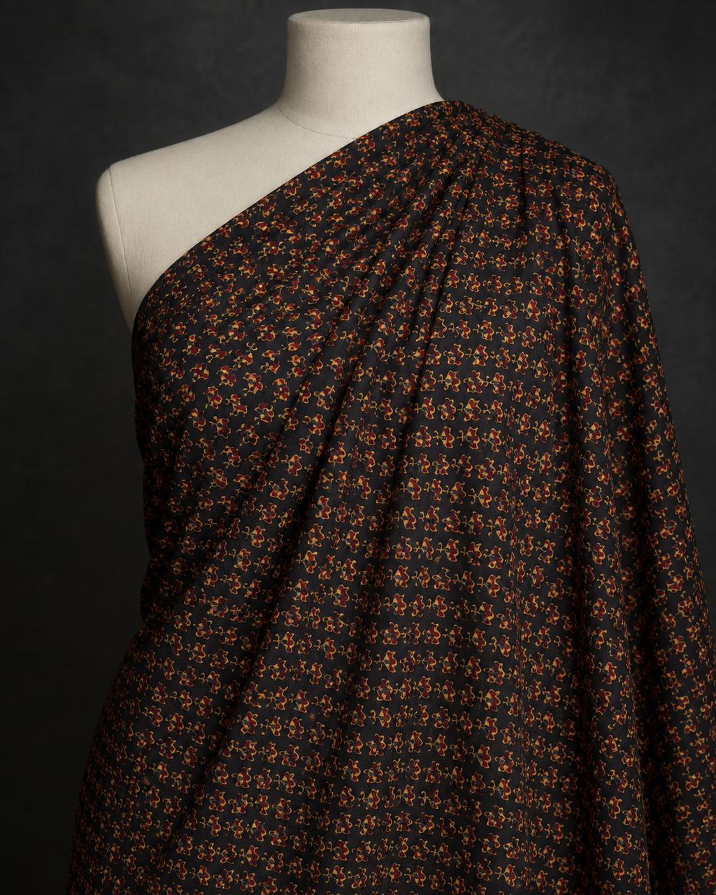 Black Fabric with Miniature Rust and Ochre Motifs