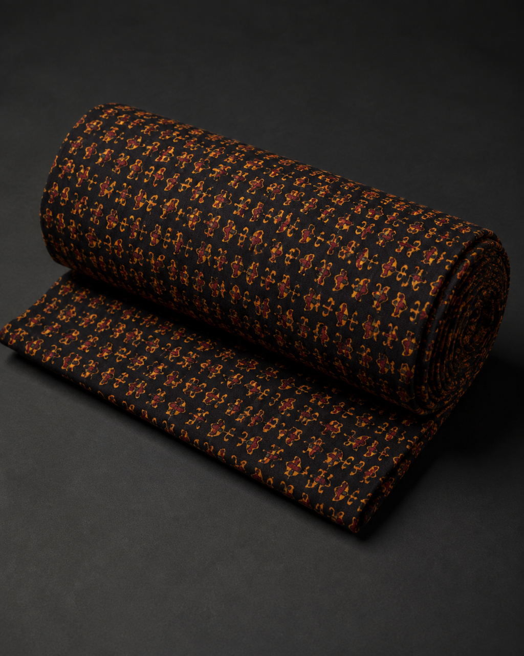 Black Fabric with Miniature Rust and Ochre Motifs