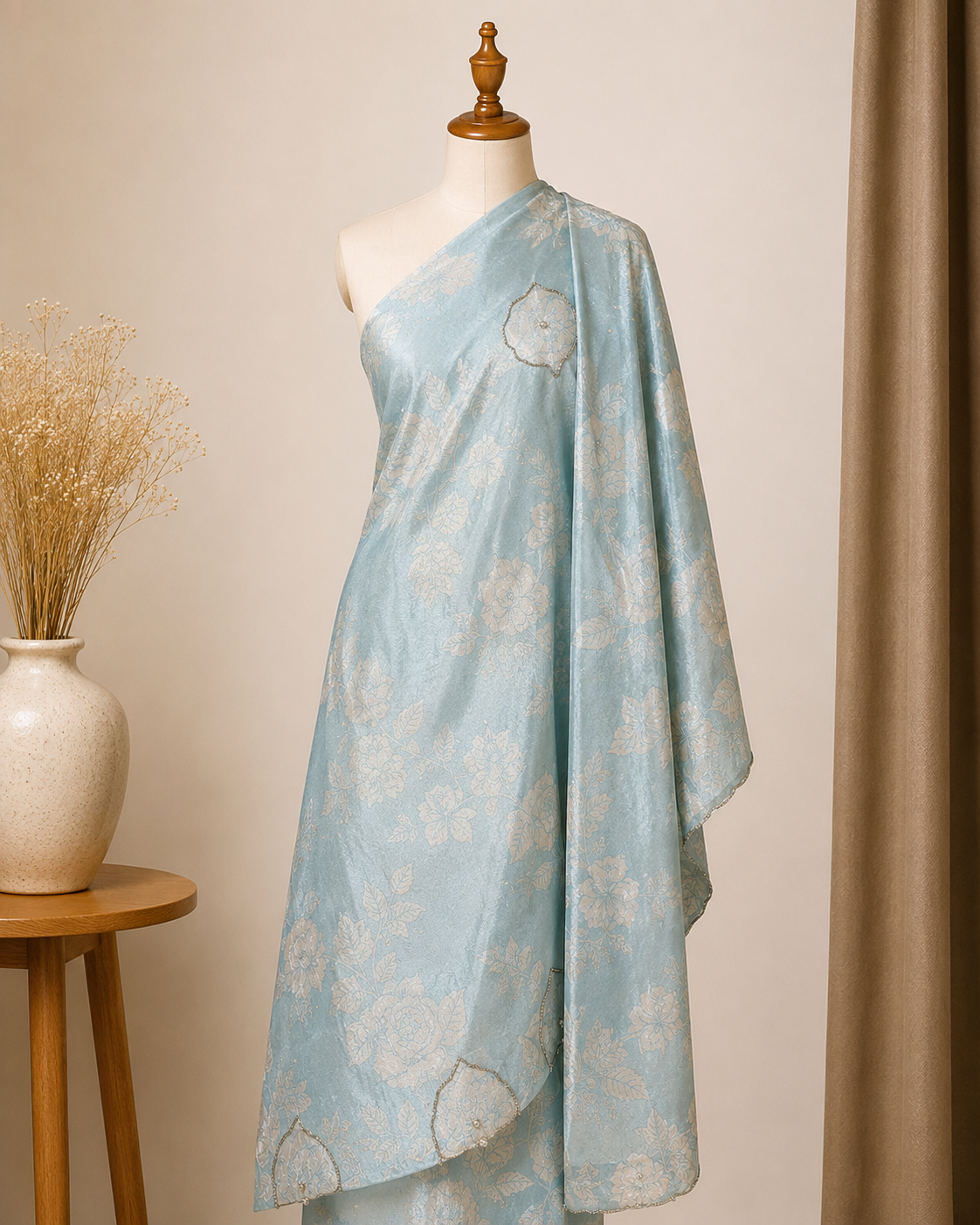 Seafoam Green Floral Fabric with Gold-Tone Embellishments