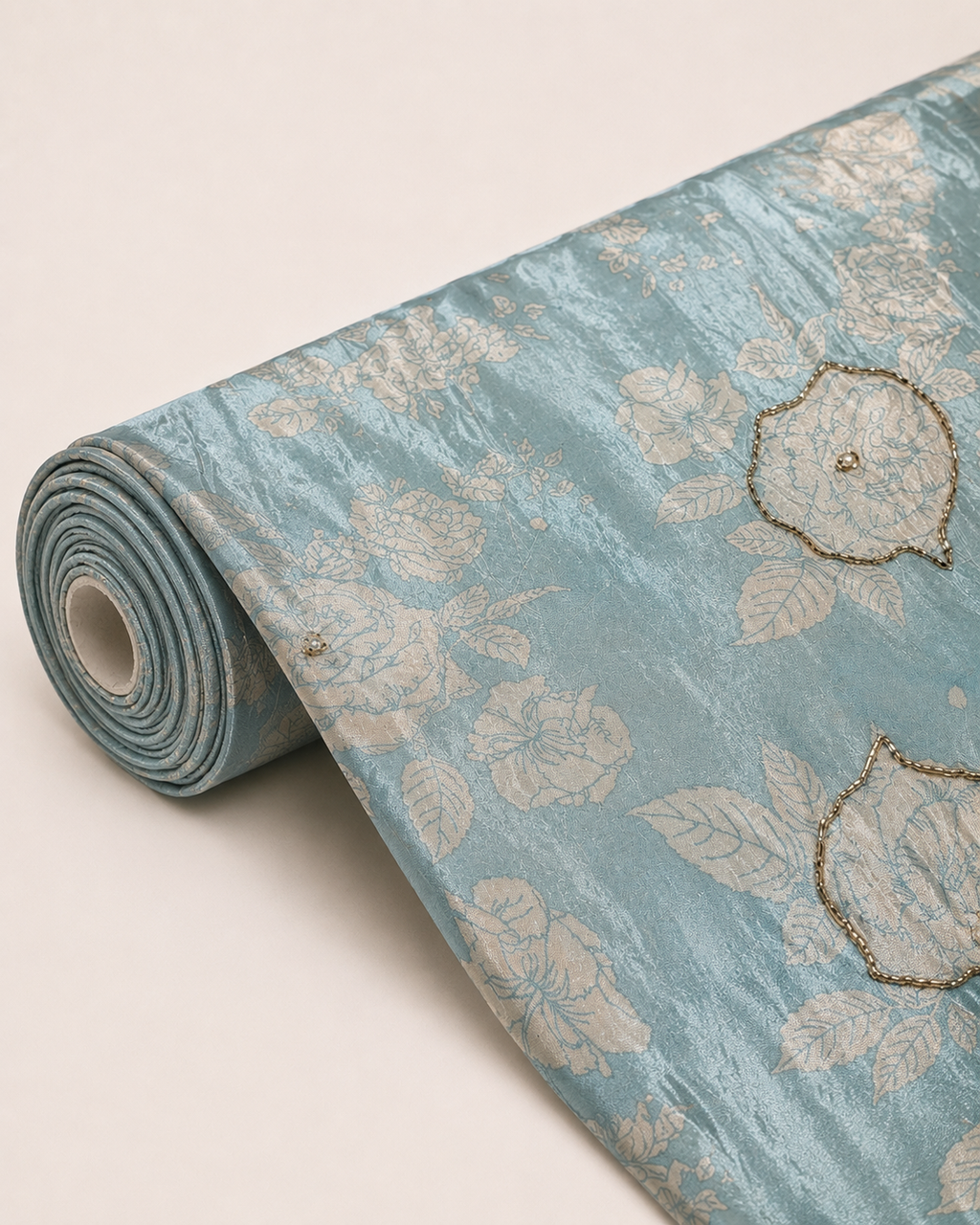 Seafoam Green Floral Fabric with Gold-Tone Embellishments