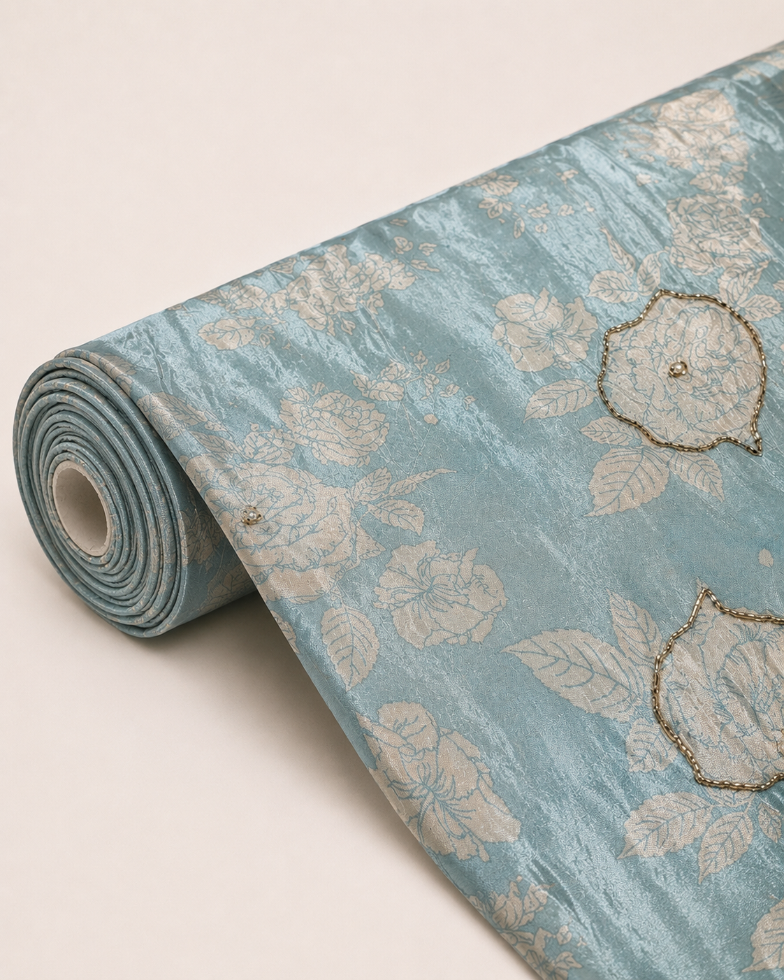 Seafoam Green Floral Fabric with Gold-Tone Embellishments