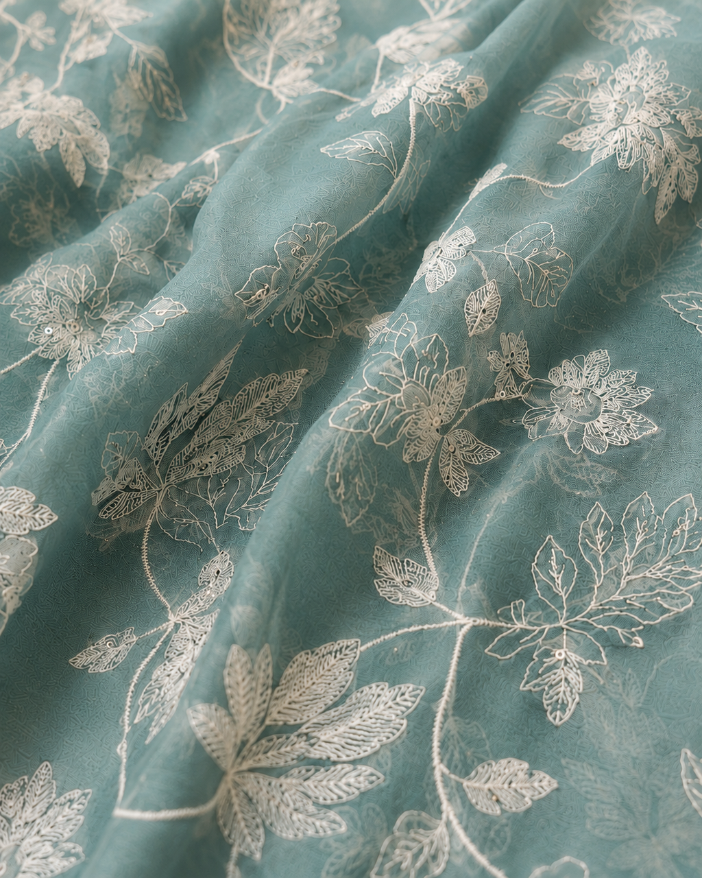 Teal Blue  Mul Chanderi Embroidered Fabric