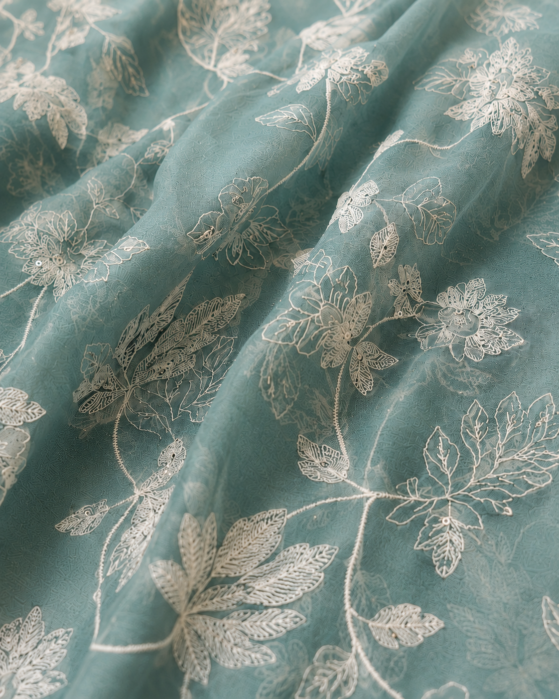 Teal Blue  Mul Chanderi Embroidered Fabric