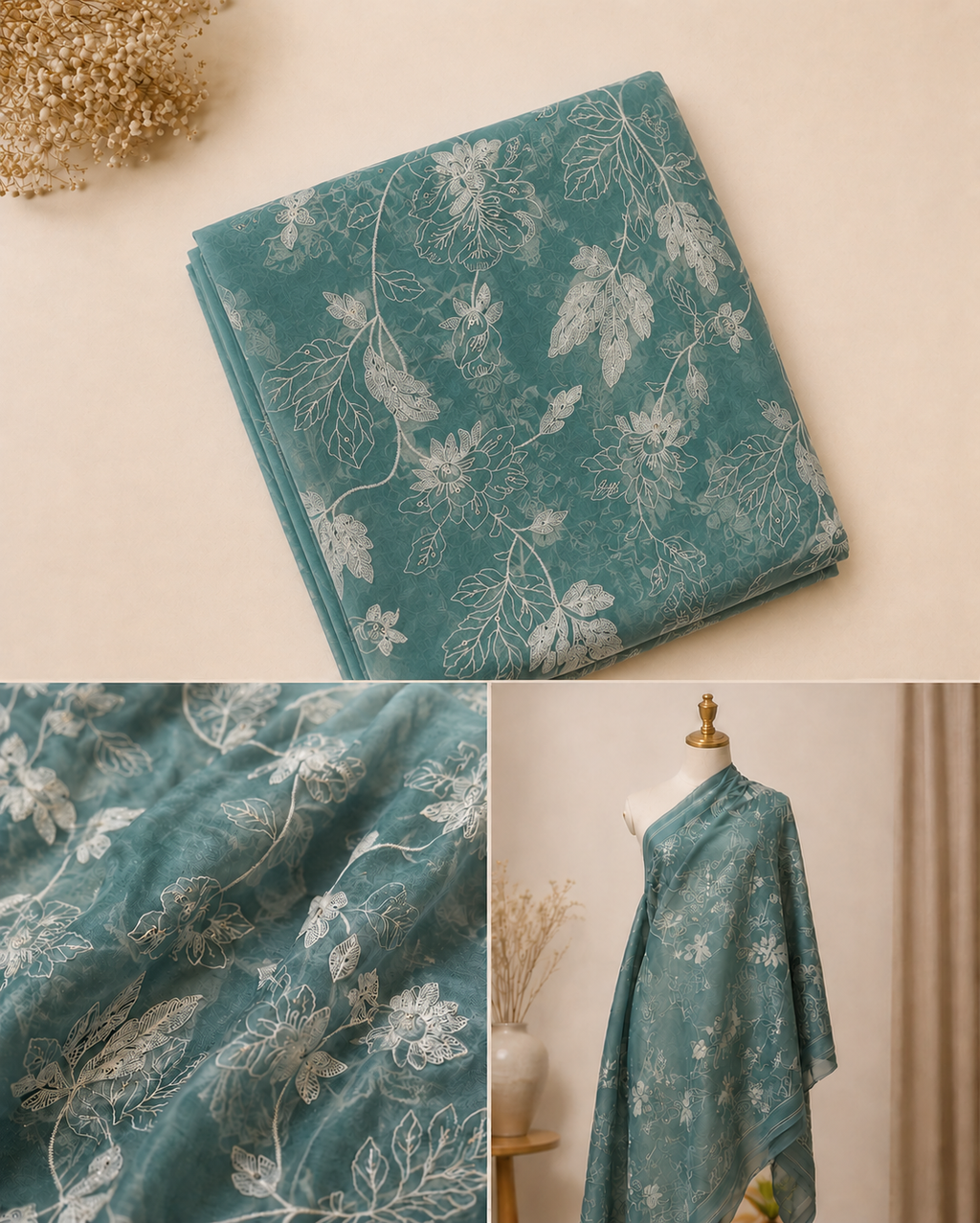 Teal Blue  Mul Chanderi Embroidered Fabric
