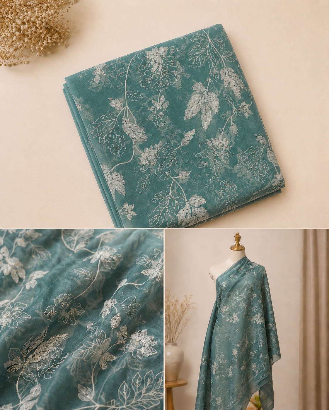 Teal Blue  Mul Chanderi Embroidered Fabric