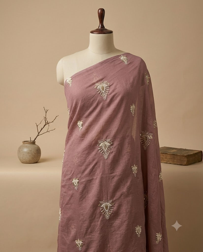 Mauve Mul Chanderi Embroidered Fabric