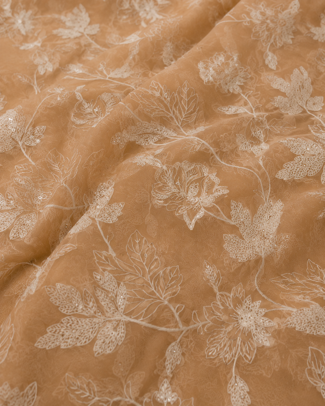 Caramel Beige Mul Chanderi Embroidered Fabric